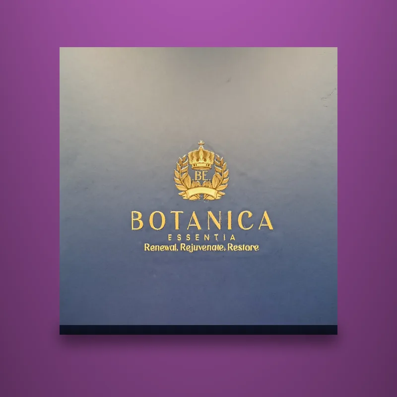 The Botanica Essentia set box: navy, with the crest and wordmark in gold